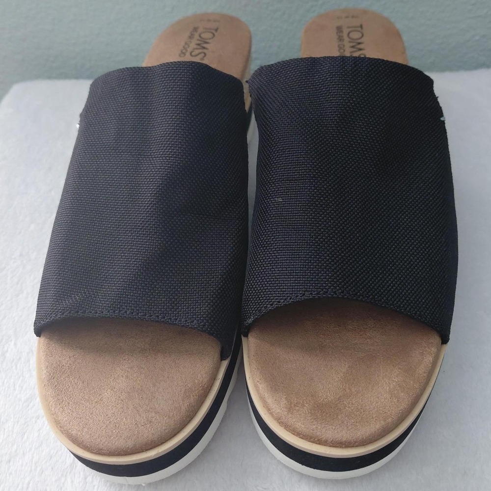 TOMS Women Black Platform Slide Sandals Espadrille Wedge White Sole Size 11